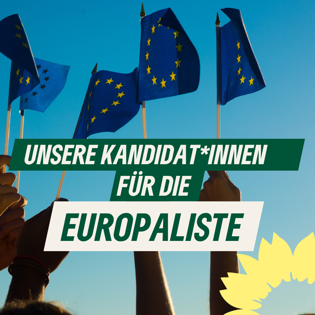 Mehrere Hände halten blaue Flaggen mit gelben Sternen hoch, die das Symbol der Europäischen Union darstellen, gegen einen klaren blauen Himmel. Über die Mitte des Bildes liegt ein grüner Banner mit der Aufschrift 'UNSERE KANDIDAT*INNEN FÜR DIE EUROPALISTE' in weißer Schrift.